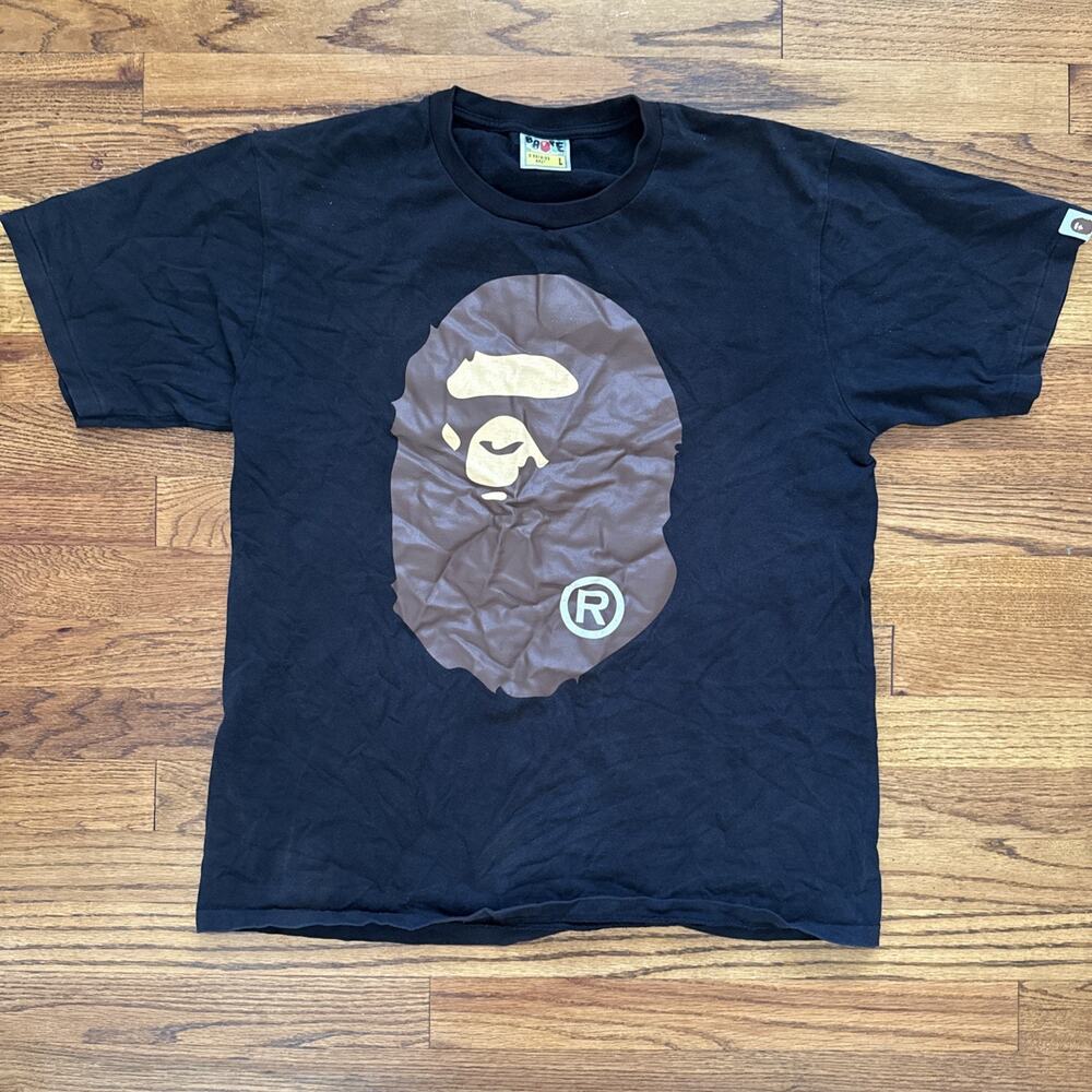 A Bathing Ape BAPE Big Ape Logo Head Shirt Size Large Black Brown Used